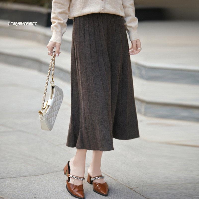Women's Gray High-Waist Pleated A-line Skirt for Autumn/Winter - Mid-Length, Slimming, Petite Fit