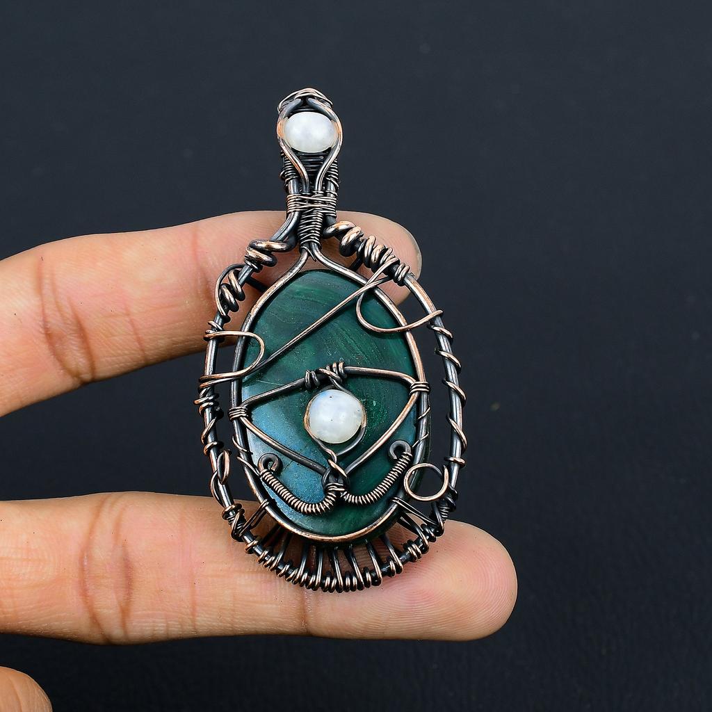 Natural EvilEye Malachite,Moonstone Gemstone Copper Wire Wrap Pendant 2.95" N2U89