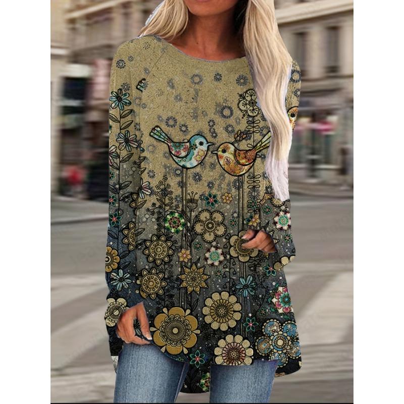 T-shirt à manches longues imprimé oiseaux floraux 3D pour femmes, tunique longue à col ras du cou, vêtements d'automne pour femmes, hauts pour femmes, style Y2k