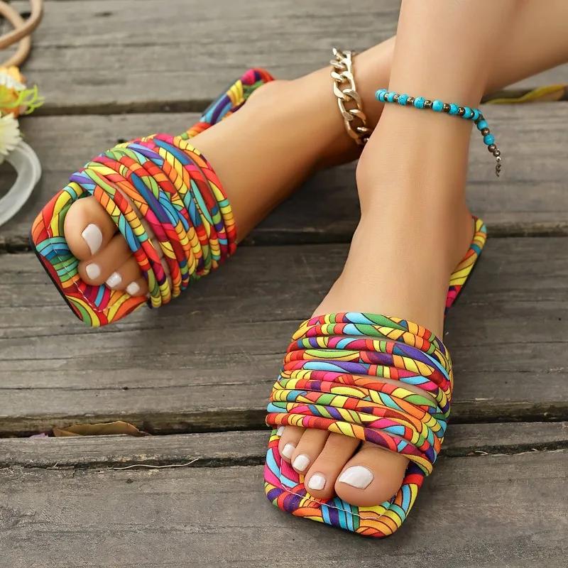 Fashion 2025 Summer New Open Toe Women's Slippers Mixed Colors Outdoor Low Heel Sandals Plus Size Daily Casual Beach Slippers Zapatos
