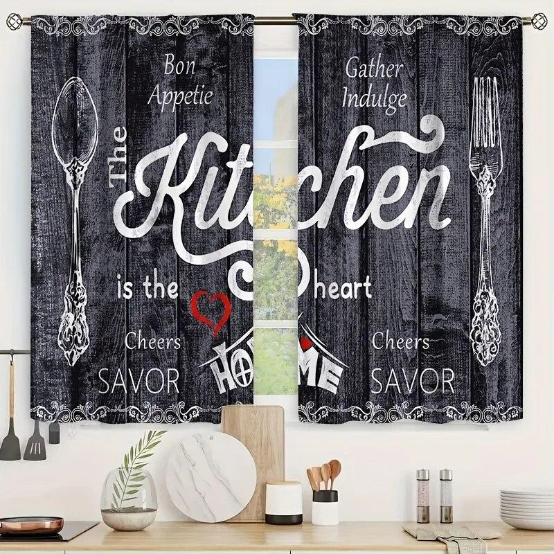 Vintage Panels Farmhouse Kitchen 2 Curtains Short Small Black White Rustic Retro Rural Country Rod Pocket Curtain Cafe Curtain