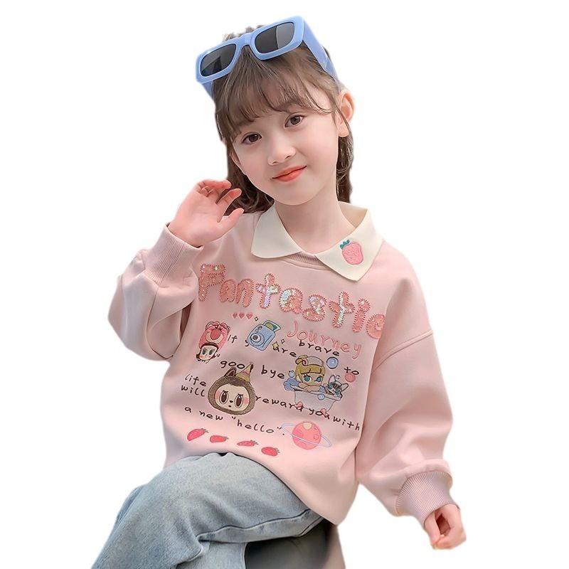 Girls Fleece Lined Thickened Hoodie Cute Cartoon Print Warm Casual Sweatshirt For Autumn Winter