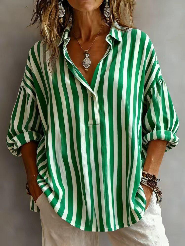 Women's Oversized V Neck 3/4 Sleeve Striped Shirt in 4 Colors