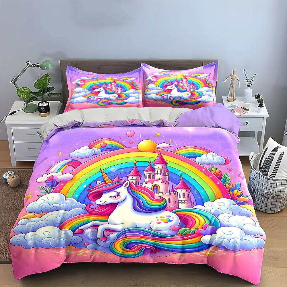 Unicorn Rainbow Castle Set Multiple Sizes Kid'S And Adults' Bedroom Exquisite 3Pc Bedding Set, Gift