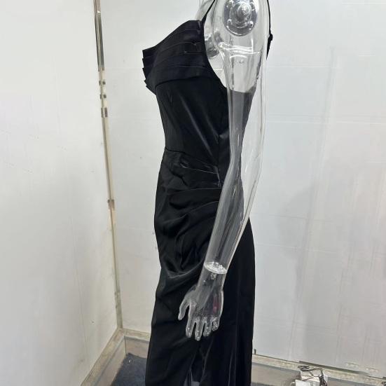 Lady Evening Dress Low-cut V Neck Sleeveless Spaghetti Strap Satin Pleated High Split Solid Color Tight Waist Slim Fit