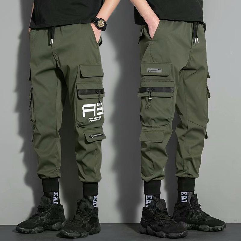 Thin Streetwear Casual Pants Men Ribbons Harem Jogging Pants Male Slim Fit Spring Cargo Pants Multi-Pockets Women Trouser