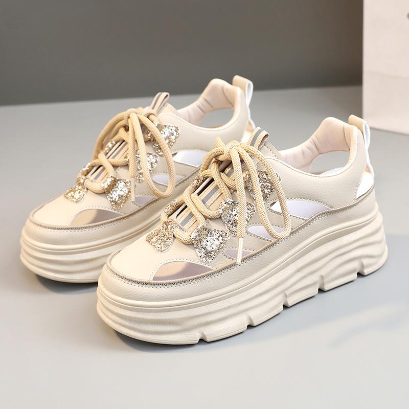 2024 New Summer Women Hollow Breathable Sports Shoes White Heightened Thick Sole Casual Shoes Zapatos De Mujer Female Sneaker