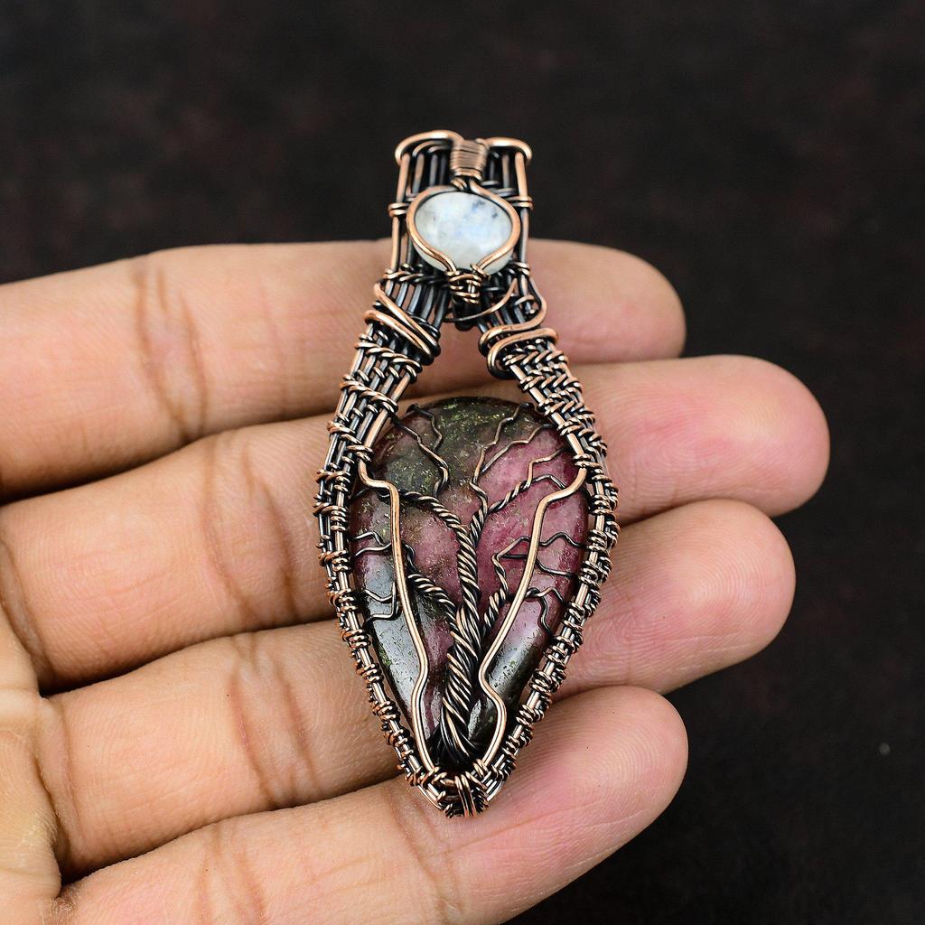Tree Of Life Rhodonite Copper Pendant Gemstone Wire Wrapped Pendant Rainbow Moonstone Jewelry Handmade Pendant Designer Jewelry Gift For Her