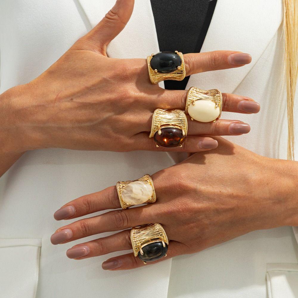 Alloy Chunky Metal Ring Exaggerated Vintage Style Geometric Metal Ring Metal Stripe Imitation Gemstone Opening Ring