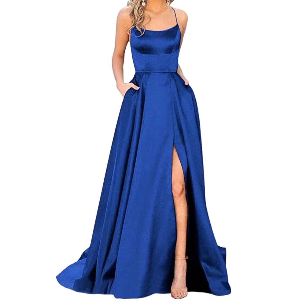 Prom Maxi Dress Elegant Satin Evening Dress with Spaghetti Straps High Slit Side Pockets for Prom Banquet or Party Off Shoulder St Practical Use