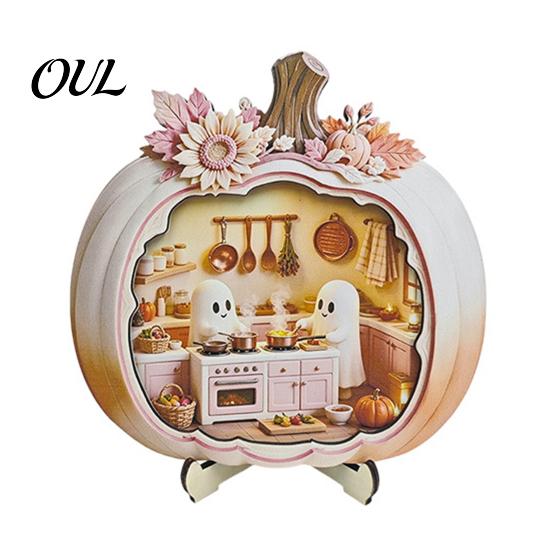 LED Lighted Fall Home Decor Halloween Ghost Pumpkin Wooden Plaque, 2D Flat Tabletop Sign, Indoor Centerpiece Spooky Bathing Reading Ornament
