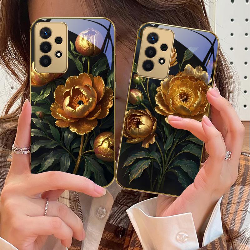 Prosperous Golden Peony For Samsung A 01 52S A04 A05S A10 A12 A13 22 23 24 36 42 M02 Note 10 20Ultra 8 9 Golden Glass Phone Case
