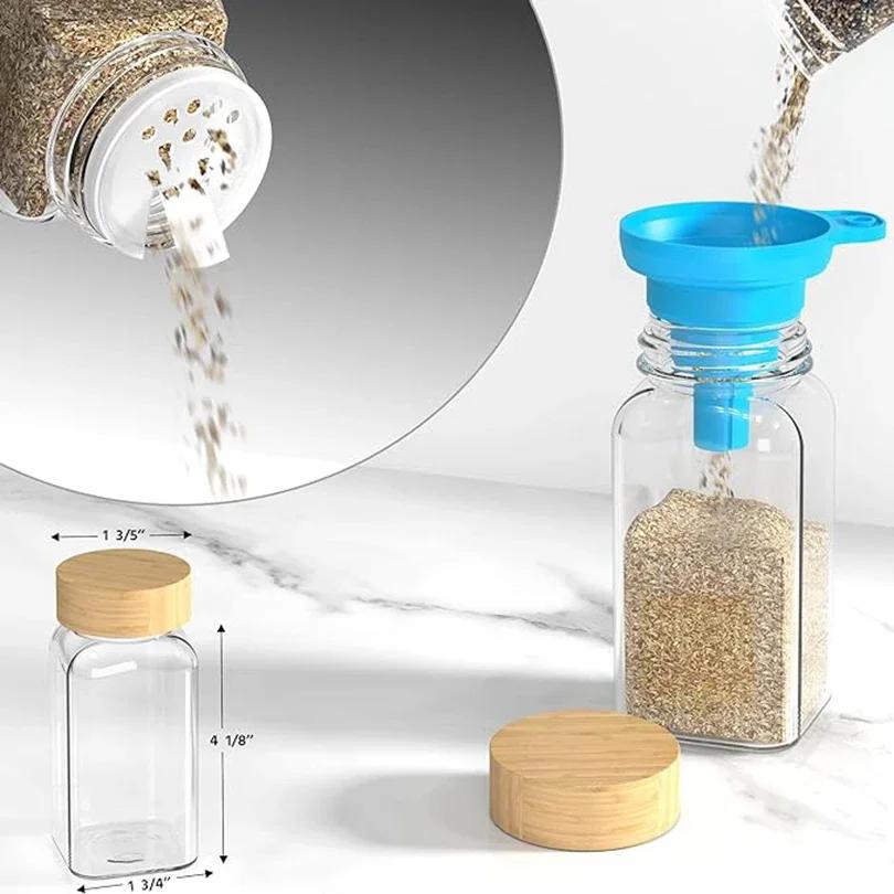 Glass Spice Jars with Bamboo Lid Collapsible Funnel Include with Minimalist Spice Labels Stickers Container Bottles for Spice Rack
