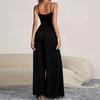 Women Sleeveless Wide Leg Jumpsuit with Spaghetti Straps Button Front Casual Loose Fit Long Pants Romper for Daily Wear