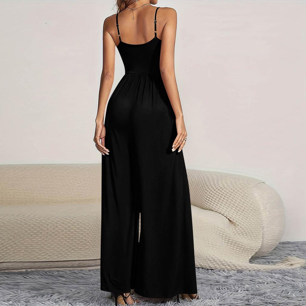 Women Sleeveless Wide Leg Jumpsuit with Spaghetti Straps Button Front Casual Loose Fit Long Pants Romper for Daily Wear