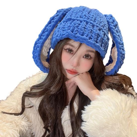 Women Winter Hat Long Bunny Ear Decor Knitted High Elasticity Warm Thick Soft Ear Protection Solid Color Windproof Anti-slip Decorative Lady Cap