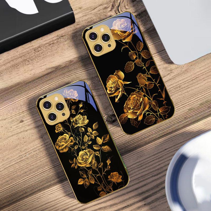 Flores Rosa Douradas Para IPhone 16 Pro Max 15 P Ro 14 M Ax 13 Plus 12 Mini 11 XS Max XR Capa de Telefone em Vidro Temperado Dourado