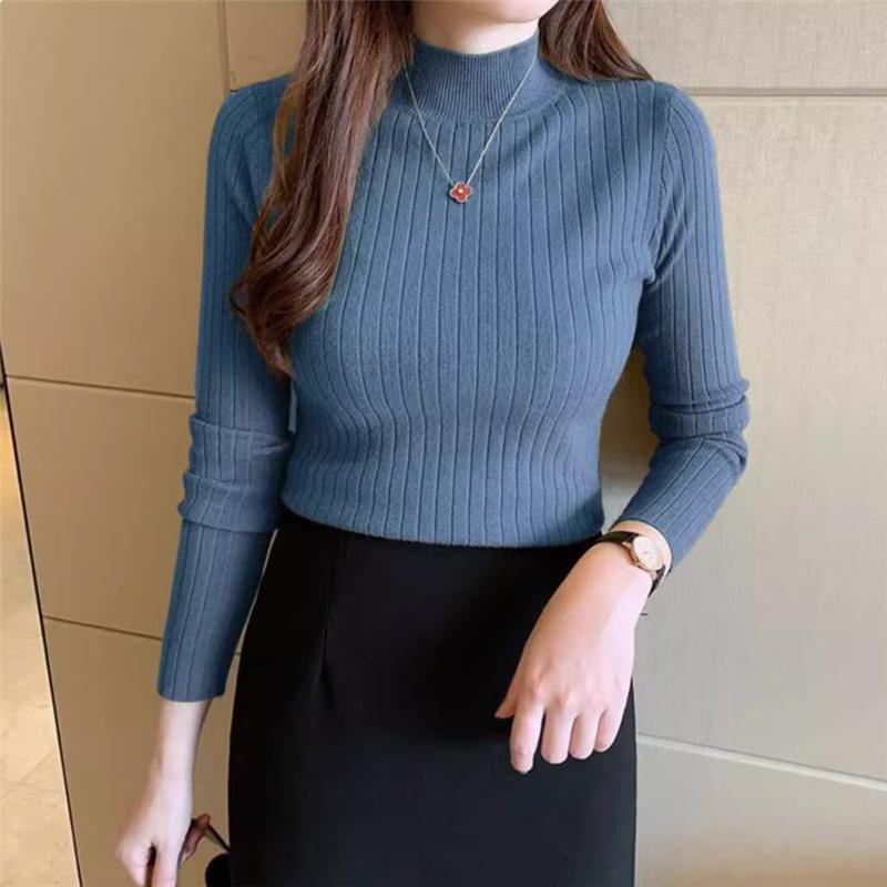 Autumn and Winter New Knitted Sweater Women Half High Collar Solid Bottom Base Pullover Sweaters Ladies Long Sleeve Casual Female Knitwears Tops 25077
