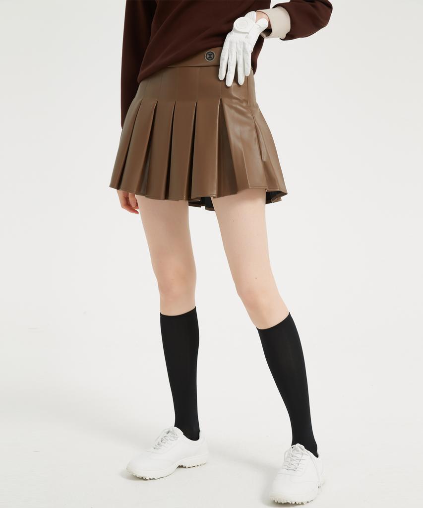 I Parka Castano Leather Pleated Skirt