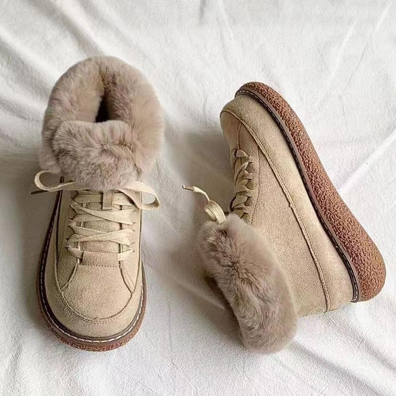 Snow Boots Women's Winter Plush Warm Cotton Shoes Versatile Lace Up Anti-skid Thick Soled Wool Cotton Shoes