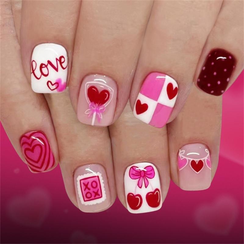 48Pcs False Nail Pink Heart Cherries Blossom Glitters Pattern Romantics Theme Easy to Apply for Parties Daily Use