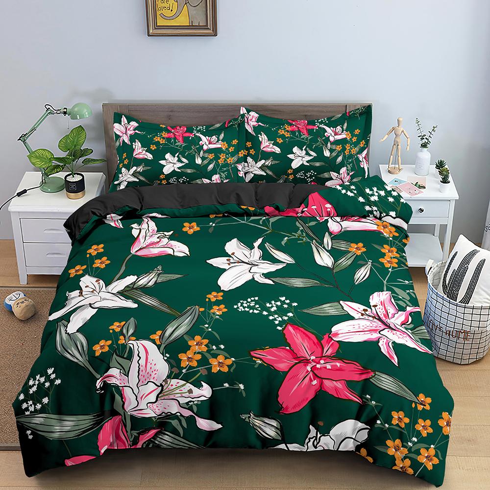 Set Biancheria da Letto Matrimoniale King Queen Fiori Tropicali Colorato Vintage Floreale Copripiumino Foglie Verdi Coperta Trapuntata Copripiumino in Poliestere