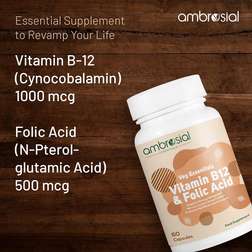 Ambrosial Vitamine B12 1000 mcg + Acide Folique 500 mcg | 1500 mcg | Supplément B12 | Soutien du Système Immunitaire, de l'Énergie et du Cerveau (Paquet de 1 à 60 capsules)