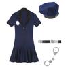 Womens Policewoman Cosplay Costume Front Zip Dress Hat Waist Belt Manacles Four Piece Set Dirty Cop Outfit