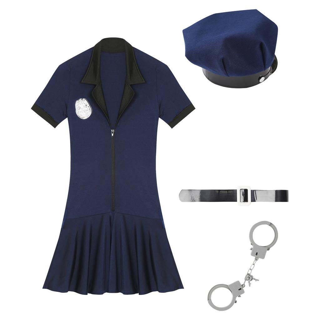 Womens Policewoman Cosplay Costume Front Zip Dress Hat Waist Belt Manacles Four Piece Set Dirty Cop Outfit