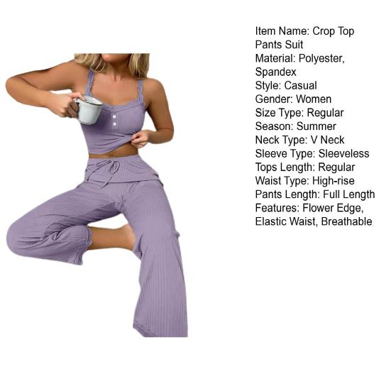 2 Pcs/Set Women Crop Top Pants Suit Flower Edge V Neck Drawstring Elastic High Waist Solid Color Sleeveless Elastic Camisole Long Trousers Set Pajamas