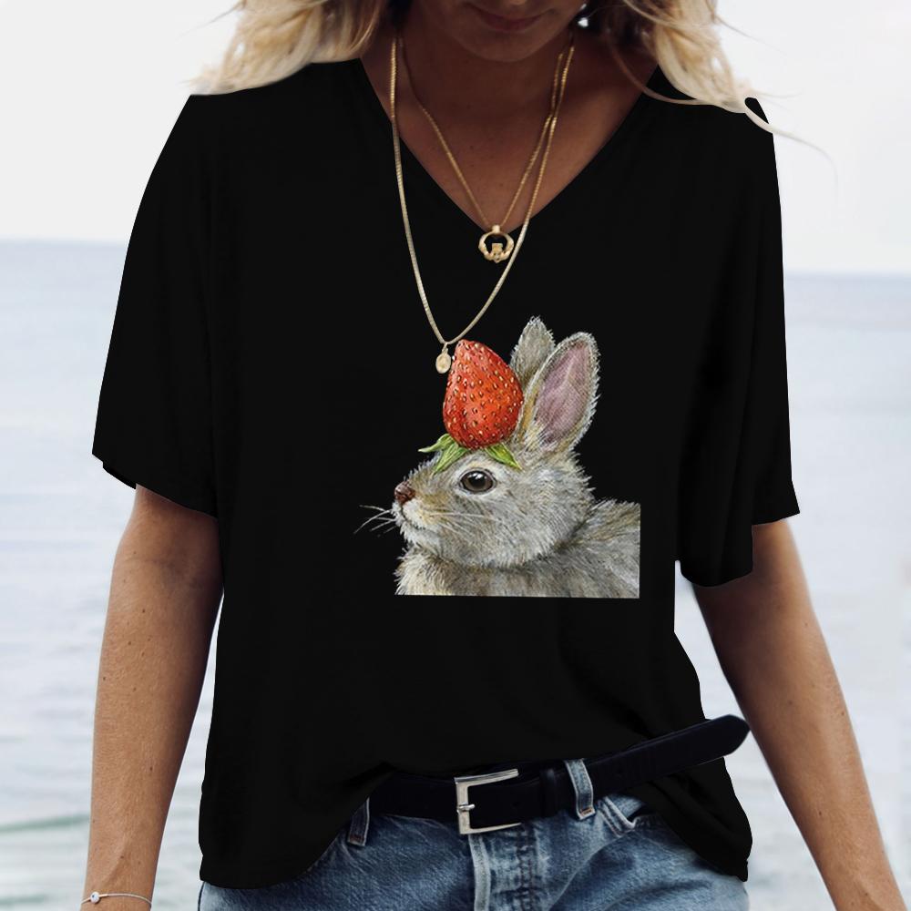 T-shirt d'été pour femme, imprimé animal, décontracté, manches courtes, lapin, col en V, surdimensionné, vêtements à la mode