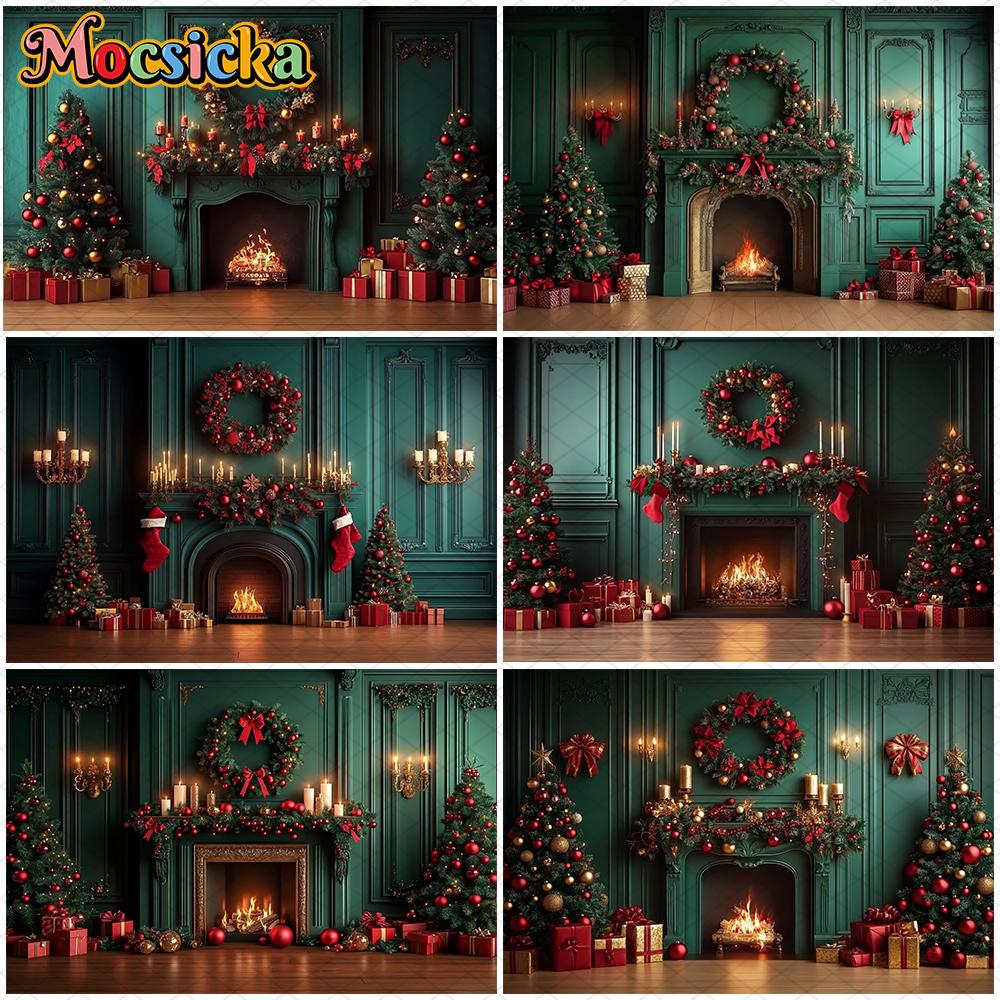 Mocsicka Christmas Photography Backgrounds Tree Decors Family Festival Party Photo Backdrops Green Wall Fireplace Pattern Banner