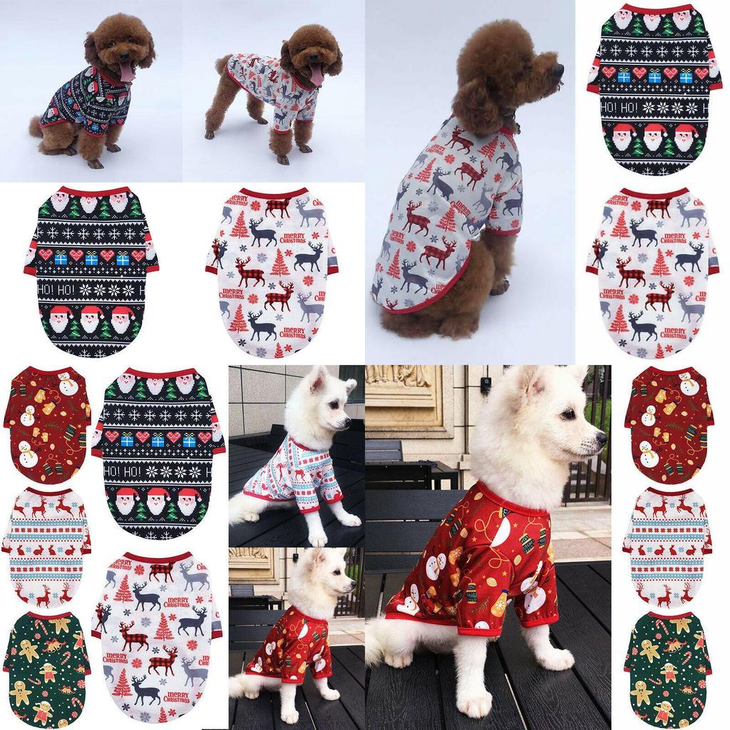 Adorable Christmas Pet T-shirt Coat For Dogs And Cats Featuring Festive Deer And Gingerbread Man