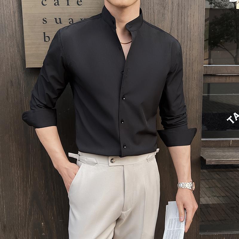 Spring Chinese Style High End Stand Up Collar Shirt Men's Long Sleeve Elastic Slimming Top Social Dress Shirt