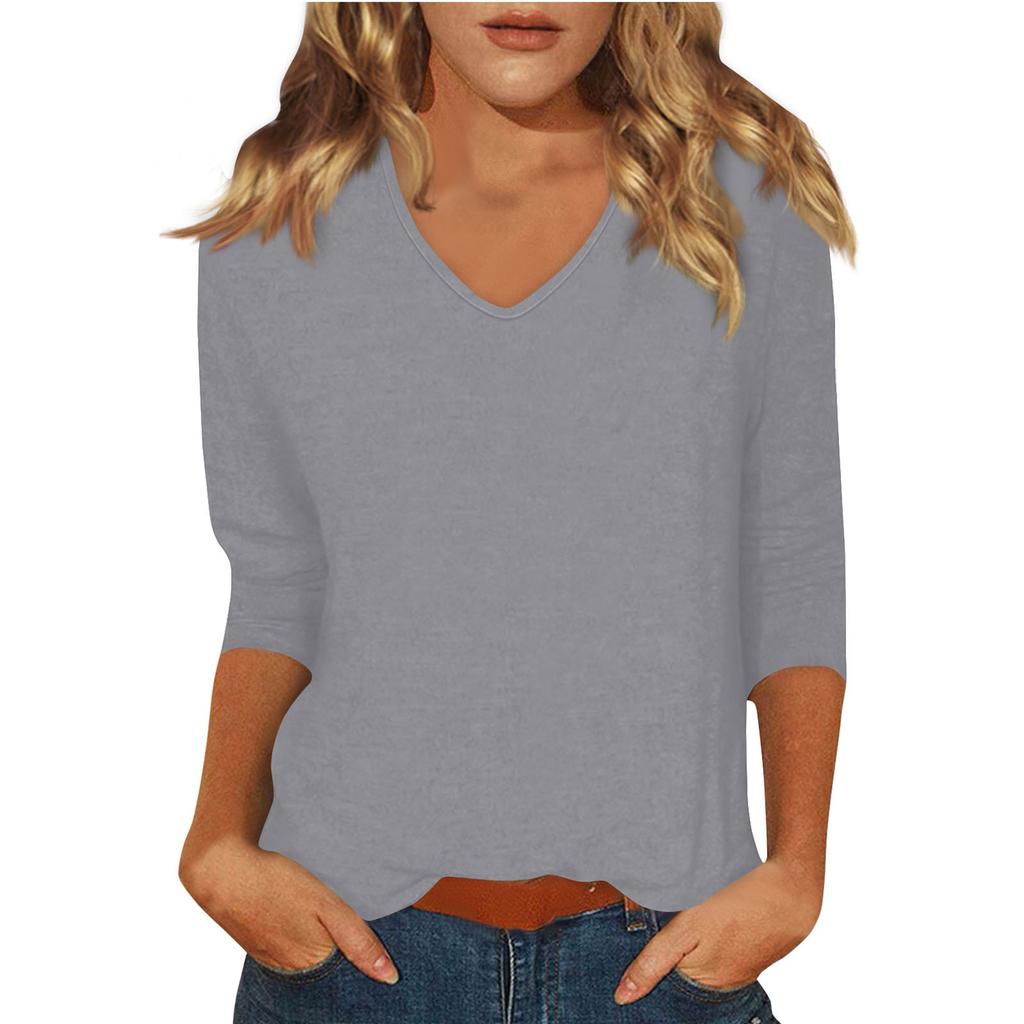 Women’s Fashion Everyday Casual V-neck 3/4 Sleeve Solid Color T-shirt Top