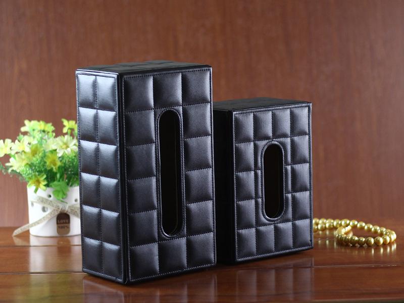 Eco-friendly Black Plaid Leather Tissue Box for Home and Hotel 