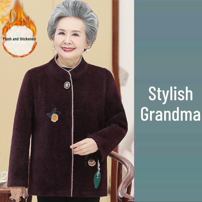 Grandma Style Mink Velvet Coat: Thickened Autumn-Winter Wear for Women Aged 60-70