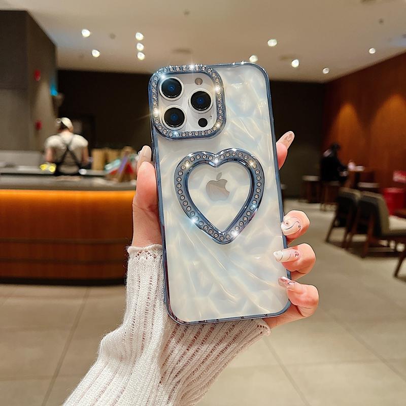Luxury Glitter Rhinestone Transparent 3D Heart Phone Case For iPhone 16 15 14 13 11 12 16 Pro Max Shockproof Plating Back Cover