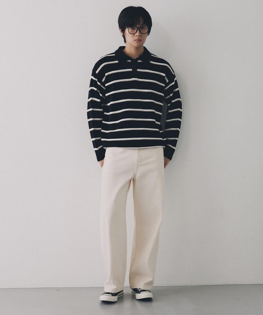 NODU Multi-Color Block Collared Stripe Knit T-Shirt [Black]
