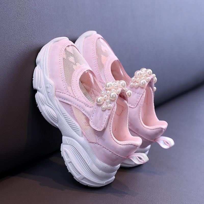 Trendy Kids' Mesh Platform Sneakers Toddler Girls' Pearl Embellished Casual Shoes