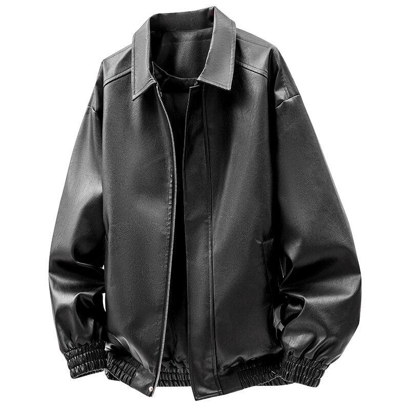 American Motorcycle Leather Jacket Men's Spring and Autumn Solid Color Casual Versatile Lapel Short Leather Jacket