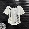Cotton Chinese Style Women's T-shirt Summer Tees Short Sleeve Slim Women Tops Vintage O-necks Embroidery Korean Clothing Sales