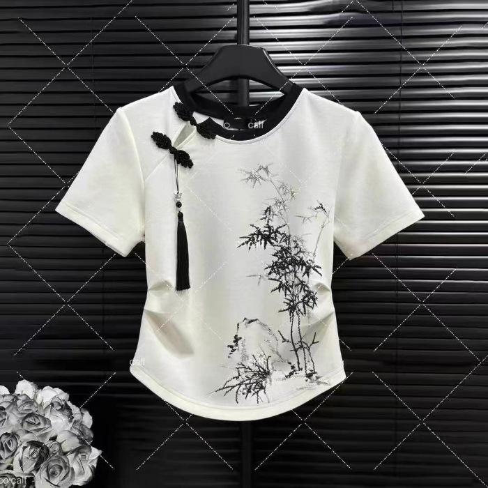 Cotton Chinese Style Women's T-shirt Summer Tees Short Sleeve Slim Women Tops Vintage O-necks Embroidery Korean Clothing Sales