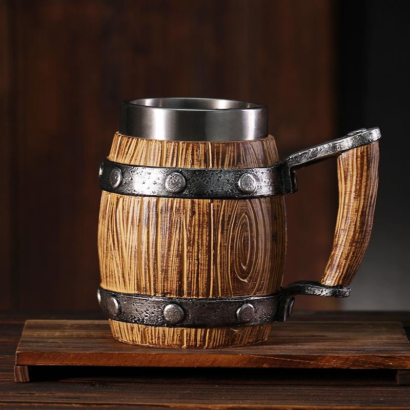 Creative Handmade Wooden Barrel-Style Stainless Steel Beer Mug, Large Capacity