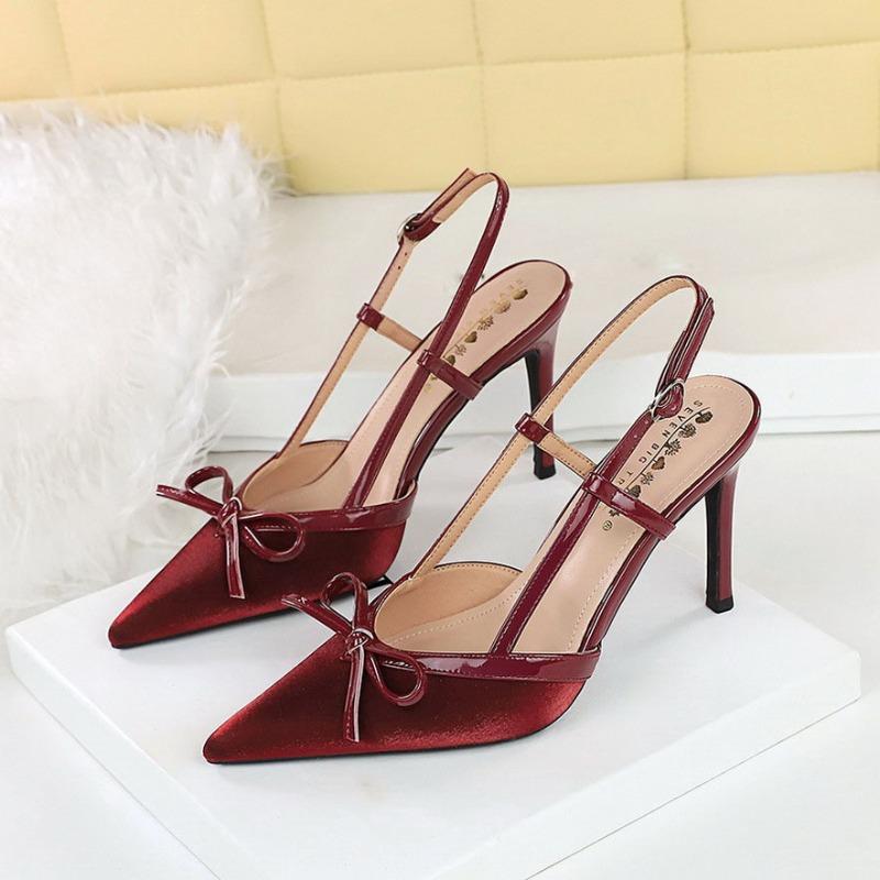 Silk Satin Butterfly Knot Pointed Toe Back One-Strap Sandals High Heels 9CM Elegant Sexy Rubber Sole Shoes Sandalias De Mujer