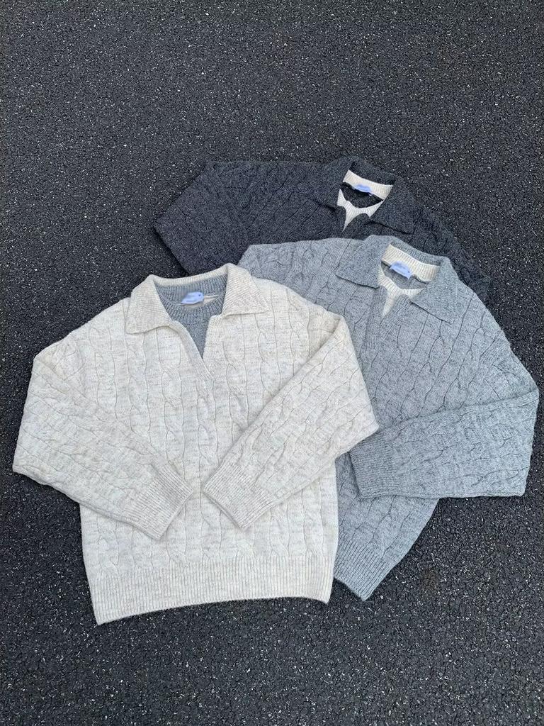 Men's Fake Two-Piece Lapel Sweater 2025 Fall Winter Retro Solid Color Casual Knit Top