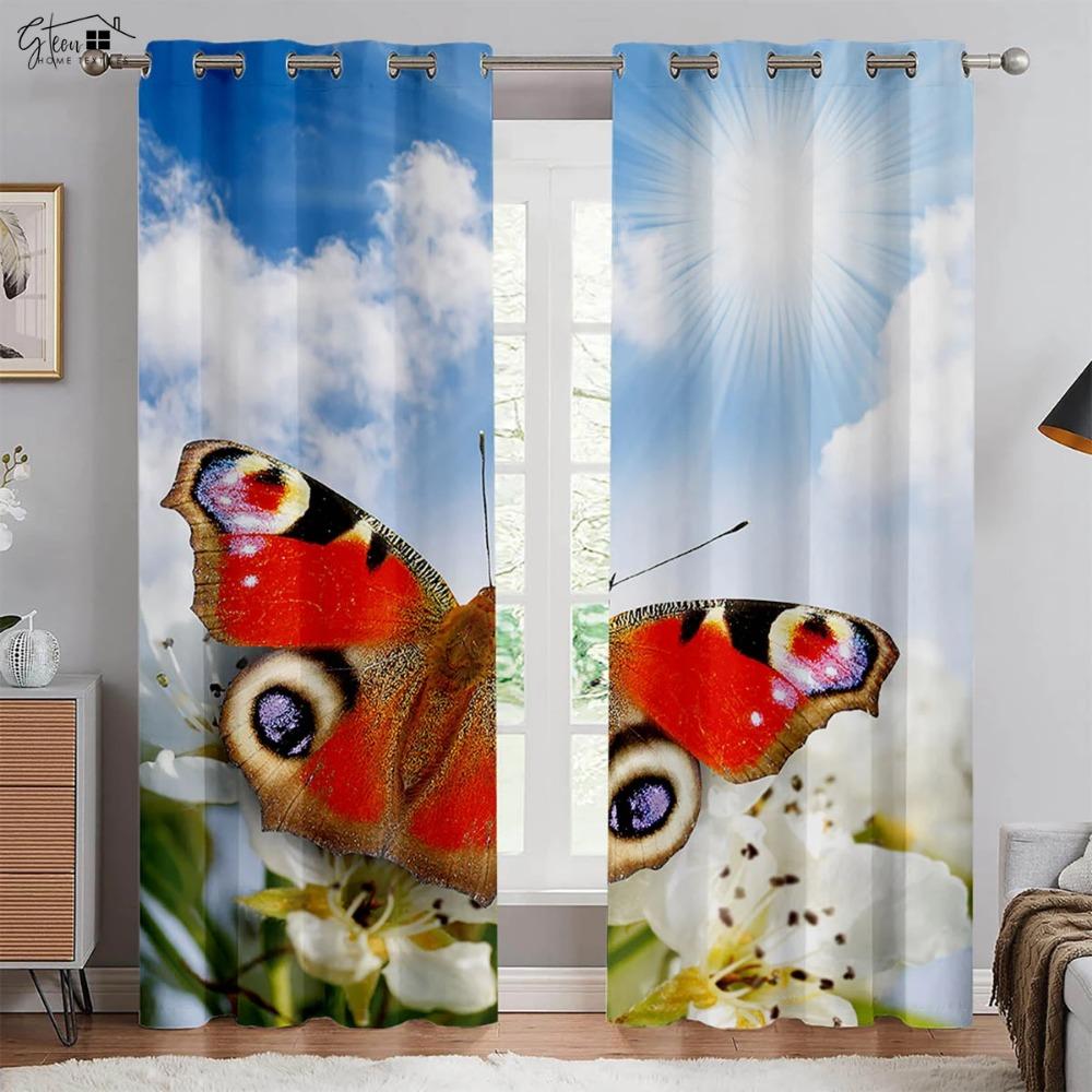 Retro Pastoral Kelebek Çiçek 3D Baskı Perdeler Güzel Ve Ferah Yatak Odası Oturma Odası Çalışma Odası Polyester Elyaf Perdeler 2 ADET