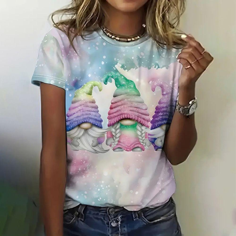 Summer Round Neck 3D Santa Claus Printed Top Fashionable Casual Short Sleeved Women's T-shirts