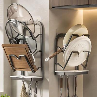 Porta Coperchi Pentole da Parete Scaffale Porta Coperchi Pentole da Cucina Organizer Senza Foratura con Vaschetta Raccogli Gocce Rimovibile