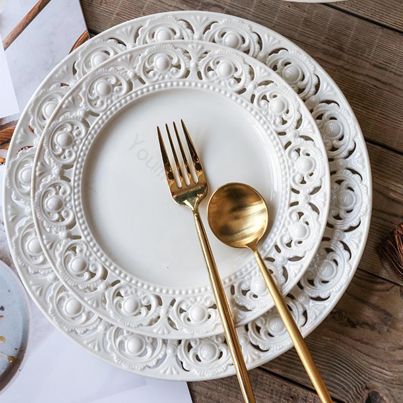 Hollow Out Relief Ceramic Plates Light Luxury Restaurant Steak Plate Home Afternoon Tea Dessert Snack Plate Exquisite Tableware
